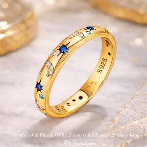 Celestial Blue & White Zircon Gold-Plated 925 Silver Ring Sizes 6, 7, 9 NWT